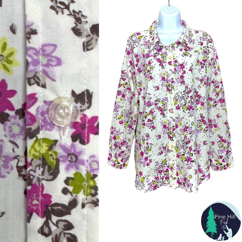 Woman Within Button-up Shirt Tunic 1X Plus Size 22 24 Floral Ivory Purple Pink